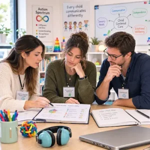 تیم متخصصان کاردرمانی و گفتاردرمانی در حال همفکری و بررسی دقیق پرونده بالینی کودک مبتلا به اوتیسم جهت تدوین برنامه جامع درمانی.