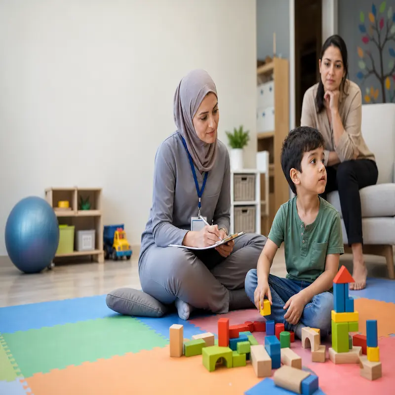 کاردرمانگر در حال ارزیابی دقیق ریشه رفتاری کودک در کلینیک برای تشخیص افتراقی اوتیسم و بیش‌فعالی و رفع سردرگمی والدین.
