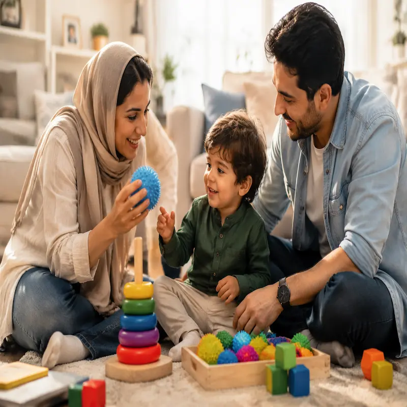 والدین در حال انجام بازی‌های تعاملی و حسی روی فرش با کودک خردسال مبتلا به اوتیسم
