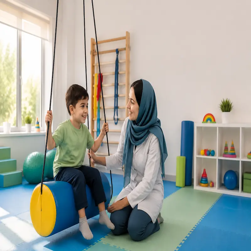 تصویر کاردرمانگر در حال کمک به کودک دارای اوتیسم روی تاب تعادلی در کلینیک کاردرمانی حسی حرکتی