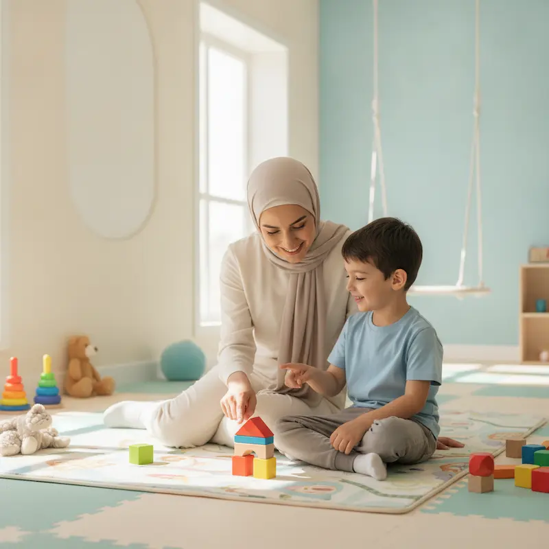 جلسه بازی درمانی هدفمند با کودک دارای اوتیسم برای تقویت توجه مشترک و مهارت‌های ارتباطی و تماس چشمی