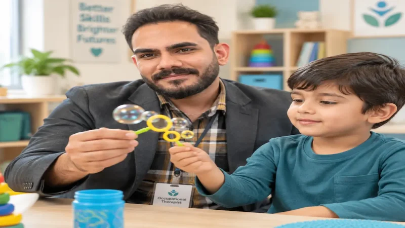 متخصص کاردرمانی در حال تعامل مثبت و تشویق ارتباط چشمی در محیط آرام کلینیک توانبخشی کودکان.
