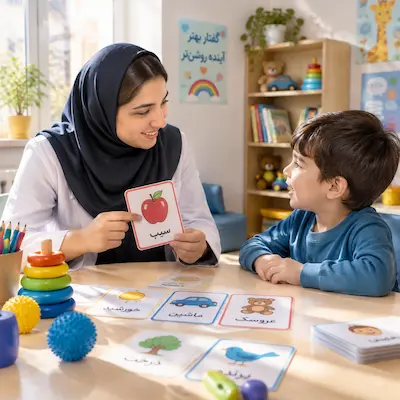 جلسه گفتاردرمانی کودک اوتیسم با تاخیر کلامی با استفاده از ابزارهای کمکآموزشی
